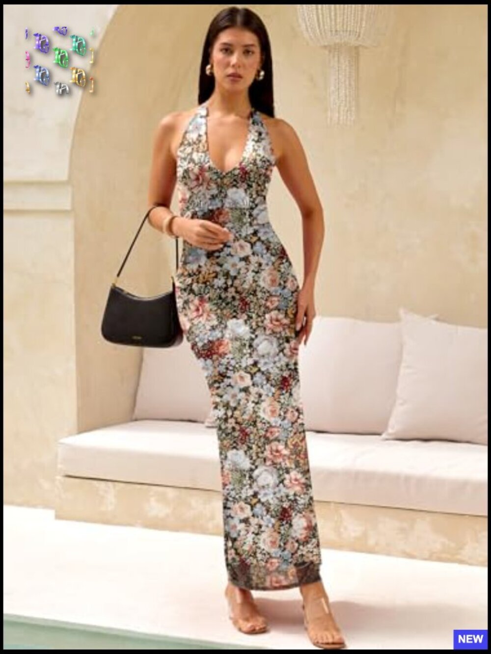 Halter Backless Maxi Dress Floral Mesh Bodycon Elegant Wedding Party Wear - Picture 4 of 7